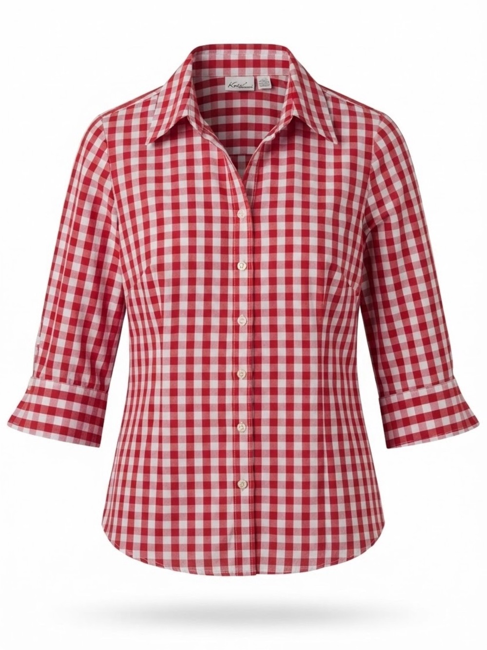 Kim Rogers Red White Gingham Button Down Blouse 3/4 Sleeve Plaid Plaid Shirt S